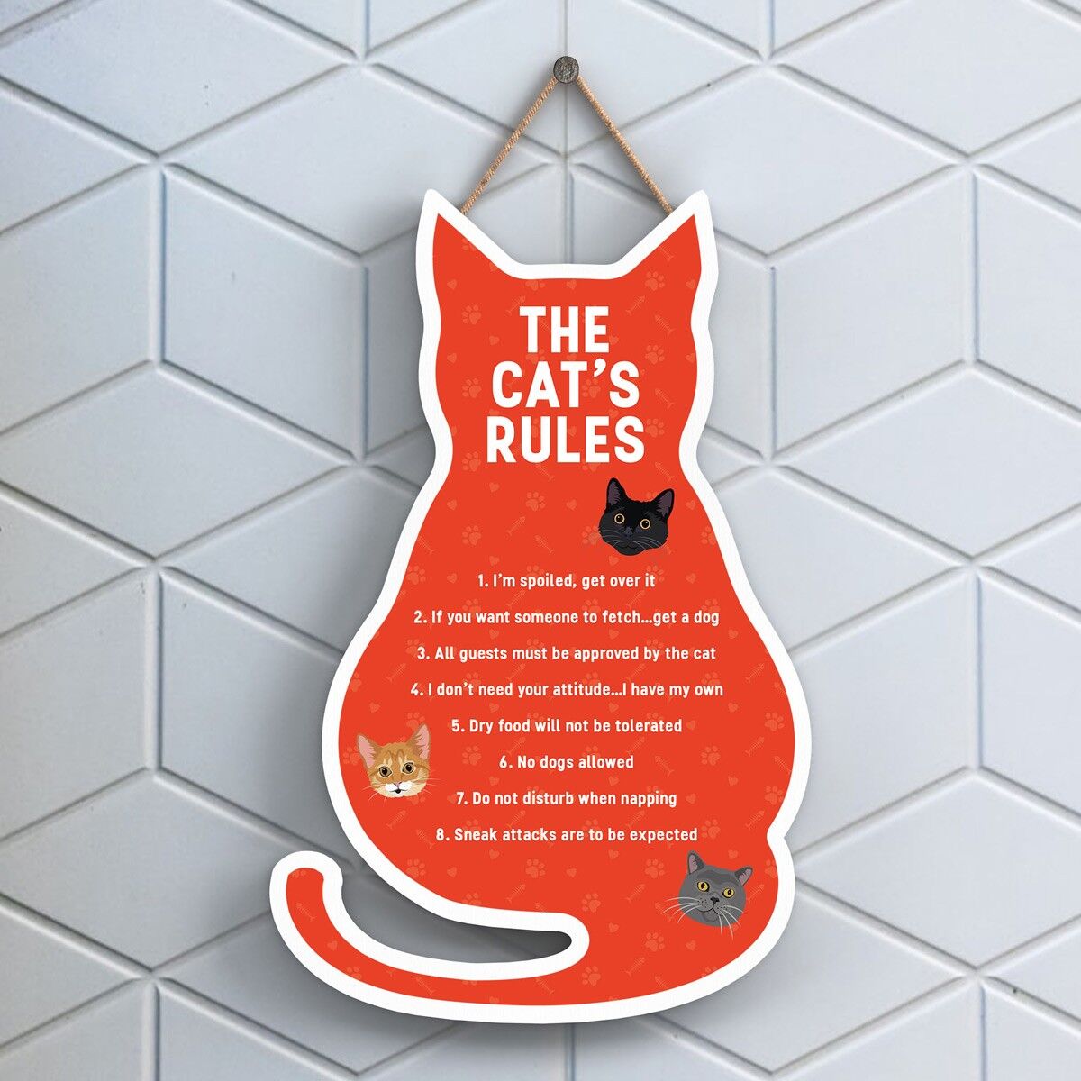 P6496 - The Cat's Rules Plaque à suspendre en bois en forme de chat orange Signe de chat amusant pour les amoureux et les propriétaires de chats