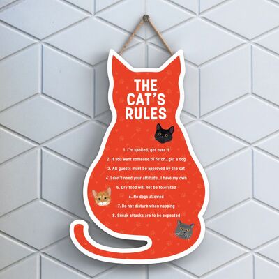 P6496 - The Cat's Rules Plaque à suspendre en bois en forme de chat orange Signe de chat amusant pour les amoureux et les propriétaires de chats