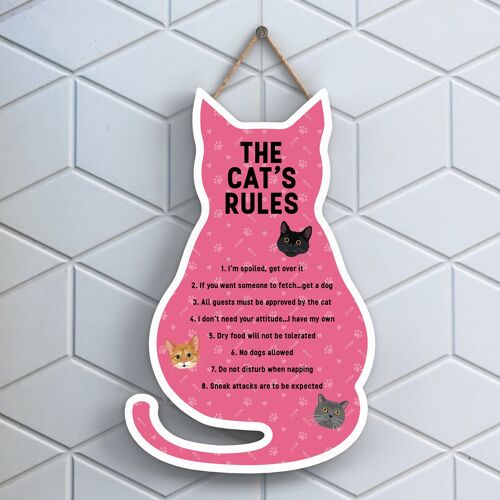 P6497 - The Cat's Rules Pink Cat Shaped Wooden Hanging Plaque Funny Cat Sign For Cat Lovers And Owners