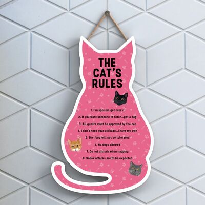 P6497 - The Cat's Rules Targa da appendere in legno a forma di gatto rosa Segno divertente per gli amanti e i proprietari di gatti