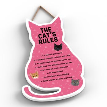 P6497 - The Cat's Rules Plaque à suspendre en bois en forme de chat rose Signe de chat amusant pour les amoureux et les propriétaires de chats 2