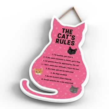 P6497 - The Cat's Rules Plaque à suspendre en bois en forme de chat rose Signe de chat amusant pour les amoureux et les propriétaires de chats 4