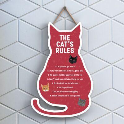 P6498 - The Cat's Rules Red Cat Shaped Wooden Hanging Plaque Funny Cat Sign For Cat Lovers And Owners