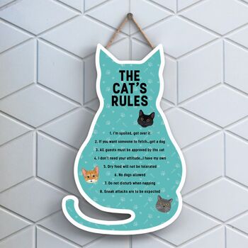 P6499 - The Cat's Rules Plaque à suspendre en bois en forme de chat turquoise Signe de chat amusant pour les amoureux et les propriétaires de chats 1