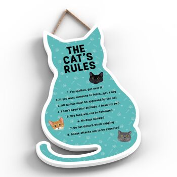 P6499 - The Cat's Rules Plaque à suspendre en bois en forme de chat turquoise Signe de chat amusant pour les amoureux et les propriétaires de chats 2