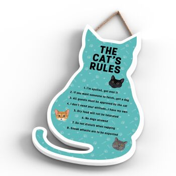P6499 - The Cat's Rules Plaque à suspendre en bois en forme de chat turquoise Signe de chat amusant pour les amoureux et les propriétaires de chats 4