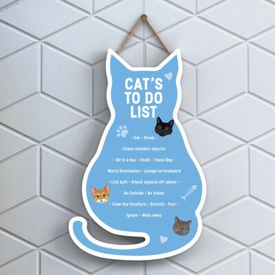 P6500 – Cat's To Do List, blaues Katzenschild aus Holz zum Aufhängen, lustiges Katzenschild für Katzenliebhaber und -besitzer