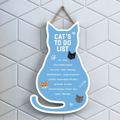 P6500 - Cat's To Do List Blue Cat Shaped Wooden Hanging Plaque Funny Cat Sign For Cat Lovers And Owners