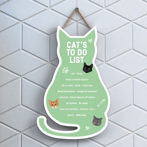 P6501 - Cat's To Do List Green Cat Shaped Wooden Hanging Plaque Funny Cat Sign For Cat Lovers And Owners