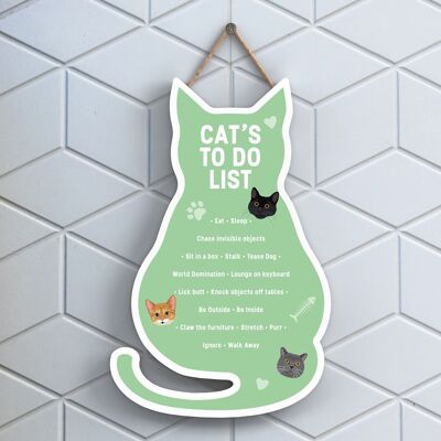 P6501 - Cat's To Do List Placa colgante de madera con forma de gato verde Signo de gato divertido para amantes y dueños de gatos