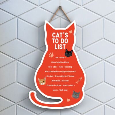 P6502 - Cat's To Do List Plaque à suspendre en bois en forme de chat orange Signe de chat drôle pour les amoureux et les propriétaires de chats
