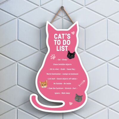 P6503 - Cat's To Do List Pink Cat en forma de placa colgante de madera Funny Cat Sign para amantes y dueños de gatos