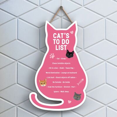 P6503 - Cat's To Do List Pink Cat Shaped Wooden Hanging Plaque Funny Cat Sign For Cat Lovers And Owners