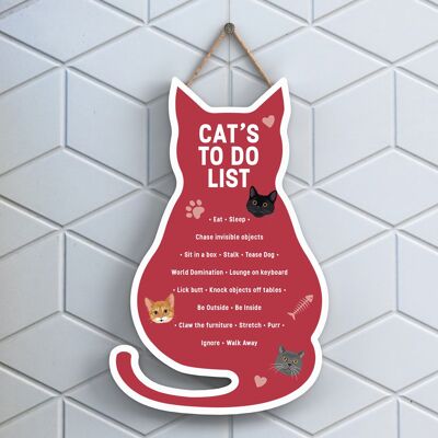P6504 - Cat's To Do List Red Cat Shaped Wooden Hanging Plaque Funny Cat Sign For Cat Lovers And Owners