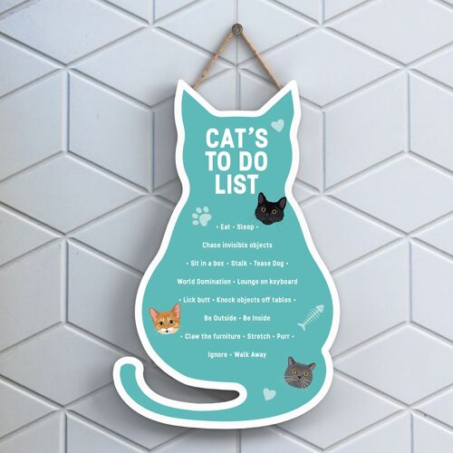 P6505 - Cat's To Do List Turquoise Cat Shaped Wooden Hanging Plaque Funny Cat Sign For Cat Lovers And Owners
