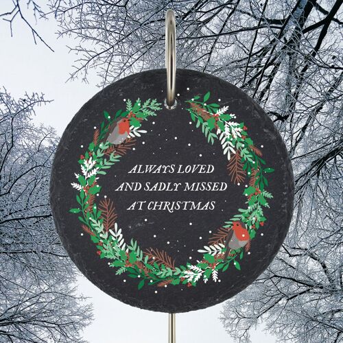 P6511_T - Missed At Christmas  Robin Wreath Memorial Slate Grave Marker Plaque Stake
