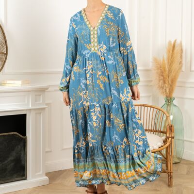 Dress with embroidered shell print, puff sleeves with ruffles, invisible pockets