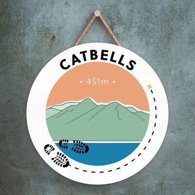 P6593 - Catbells 451m Mountain Hiking Lake District Illustration Printed On Wooden Hanging Decorative Plaque