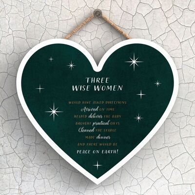P6612 - Three Wise Women Typography On A Green Heart Shaped Wooden Hanging Plaque