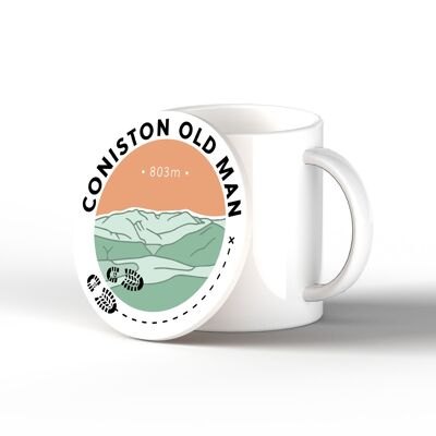 P6619 - Coniston Old Man 803m Mountain Hiking Lake District Illustration Printed On Ceramic Coaster With Cork Base