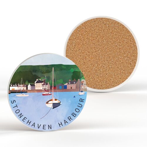 P6653 - Stonehaven Harbour Illustration Printed On Ceramic Coaster With Cork Base
