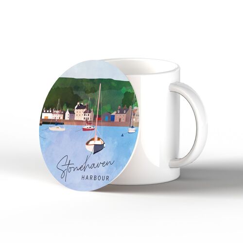 P6654 - Stonehaven Harbour Illustration Printed On Ceramic Coaster With Cork Base