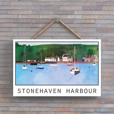 P6655 - Ilustración del puerto de Stonehaven Placa de madera con paisaje de Escocia