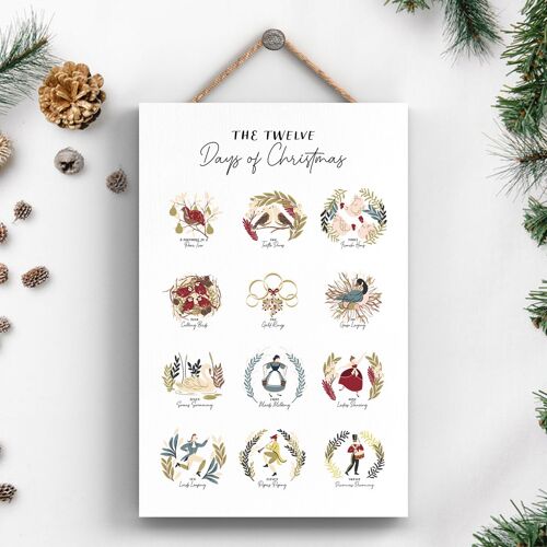 P6656 - The Twelve Days Of Christmas 12 Artistic Illustrations On Wooden Hanging Plaque