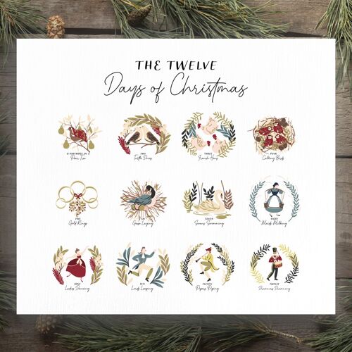 P6657 - The Twelve Days Of Christmas 12 Artistic Illustrations On Wooden Standing Or Hanging Plaque