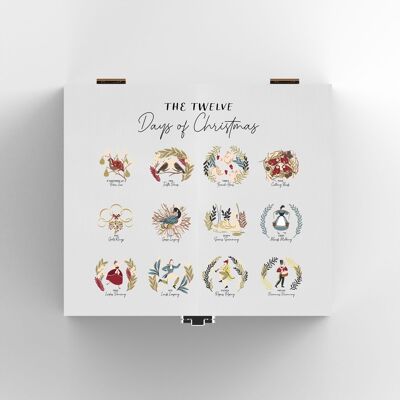 P6658 - The Twelve Days Of Christmas 12 Artistic Illustrations On A Wooden White Box