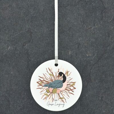 P6664 - The Twelve Days Of Christmas Six Geese Laying Illustration Ceramic Ornament