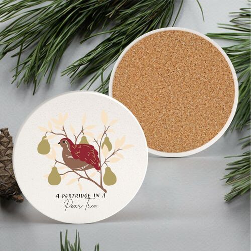 P6671 - The Twelve Days Of Christmas Partridge In A Pear Tree Illustration Ceramic Coaster