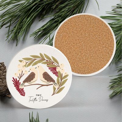 P6672 - The Twelve Days Of Christmas Two Turtle Doves Illustration Ceramic Coaster