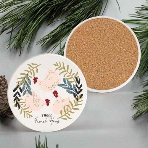 P6673 - The Twelve Days Of Christmas Three French Hens Illustration Ceramic Coaster