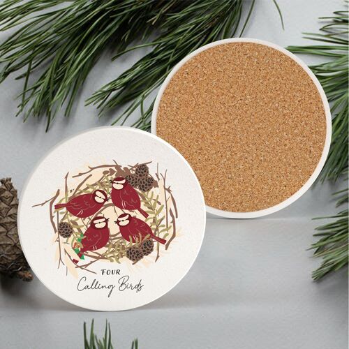 P6674 - The Twelve Days Of Christmas Four Calling Birds Illustration Ceramic Coaster