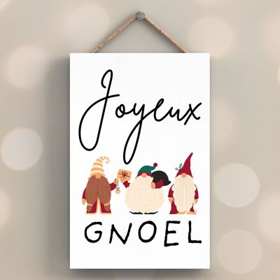 P6692 - Joyeux Gnoel Gnome Pun French Gonk Placa Festiva de Madera Decoración Navideña