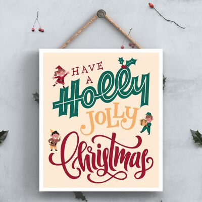 P6701 - Holly Jolly Christmas Elf Festivo Placa de Madera Decoración Navideña