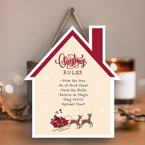 P6707 - Christmas Rules Santa In Sleigh Festive Wooden House Plaque Christmas Decor