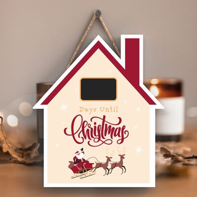 P6708 – Tafel „Tage bis Weihnachten“, roter Weihnachtsmann, festliche Holzhaus-Plakette, Weihnachtsdekoration