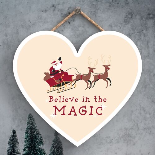 P6721 - Believe In The Magic Santa Festive Wooden Heart Plaque Christmas Decor