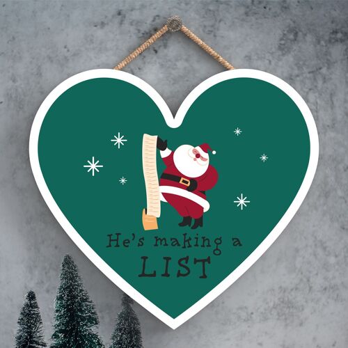 P6725 - He's Making A List Santa Festive Wooden Heart Plaque Christmas Decor