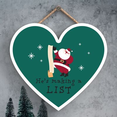 P6725 - He's Making A List Santa Festive Wooden Heart Plaque Christmas Decor