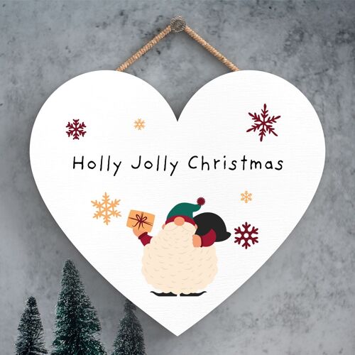 P6726 - Holly Jolly Christmas Gonk Festive Wooden Heart Plaque Christmas Decor