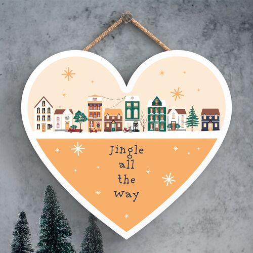 P6728 - Jingle All The Way Festive Street Scene Wooden Heart Plaque Christmas Decor