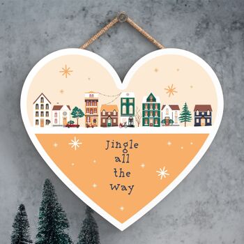 P6728 - Jingle All The Way Festive Street Scene Plaque de coeur en bois Décor de Noël 1