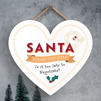 P6732 - Santa Stop Here Stamp Effect Festive Wooden Heart Plaque Christmas Decor