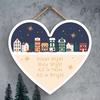 P6733 - Silent Night Holy Night Festive Street Scene Decorazione natalizia con placca a cuore in legno