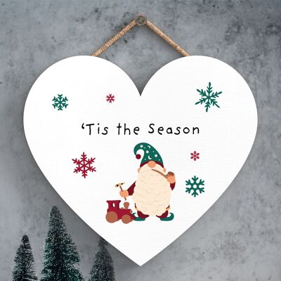 P6734 - Tis The Season Gonk Festive Wooden Heart Plaque Christmas Decor