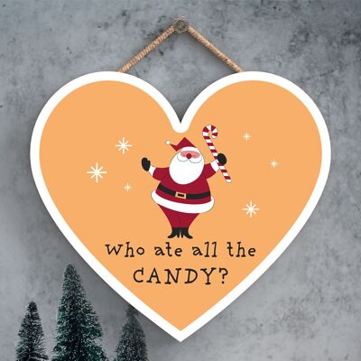 P6736 - Who Ate All The Candy Santa Festive Wooden Heart Plaque Christmas Decor