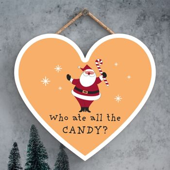 P6736 - Who Ate All The Candy Santa Festive Coeur en Bois Plaque Décor de Noël 1